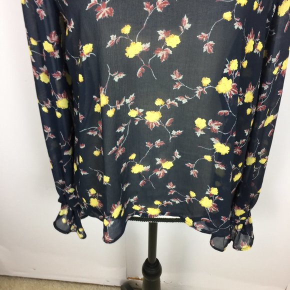 New! Lush Blouse Top Size M Black Yellow Floral Print Sheer Chiffon Long Sleeve - Picture 5 of 15